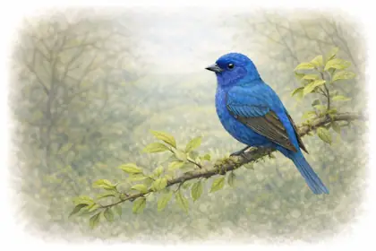 Indigo Bunting perched among fresh spring leaves
