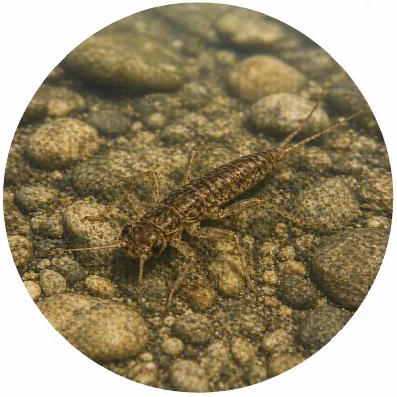 Aquatic insect nymph on creek bed